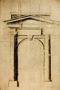 Architectonische studie van een deur met een driehoekig tympaan; tekening door Michelangelo door Michelangelo Buonarroti